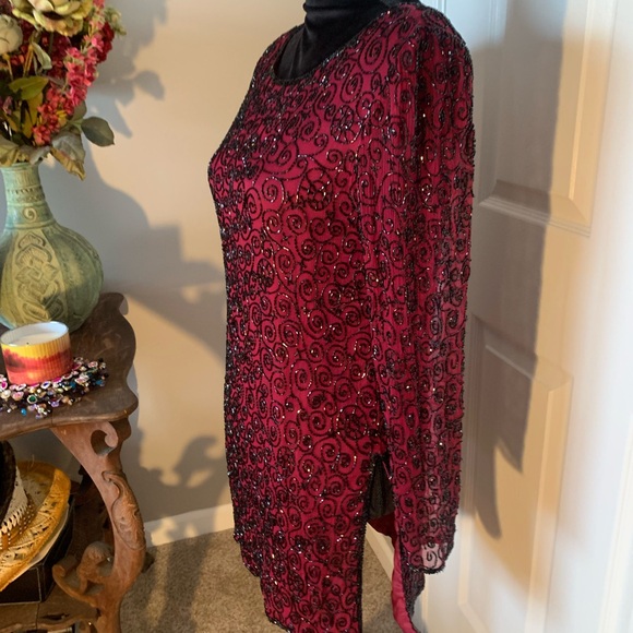 Stunning Beaded Raspberry Tunic w/Slits - Picture 3 of 5